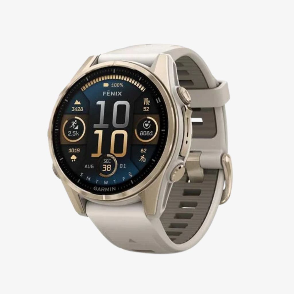 fēnix® 8 - 43 mm AMOLED, Sapphire, Soft Gold with Fog Grey/Dark Sandstone Silicone Band - Image 1