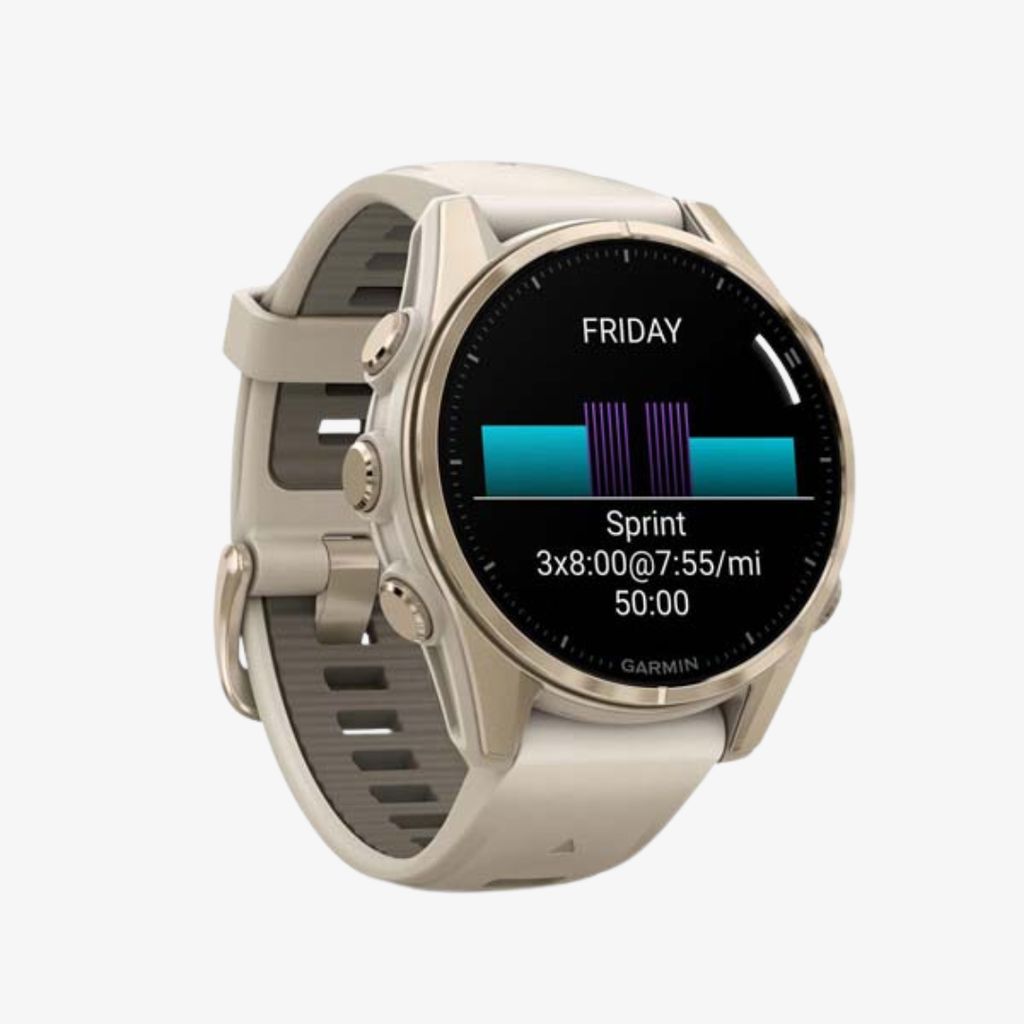 fēnix® 8 - 43 mm AMOLED, Sapphire, Soft Gold with Fog Grey/Dark Sandstone Silicone Band - Image 3